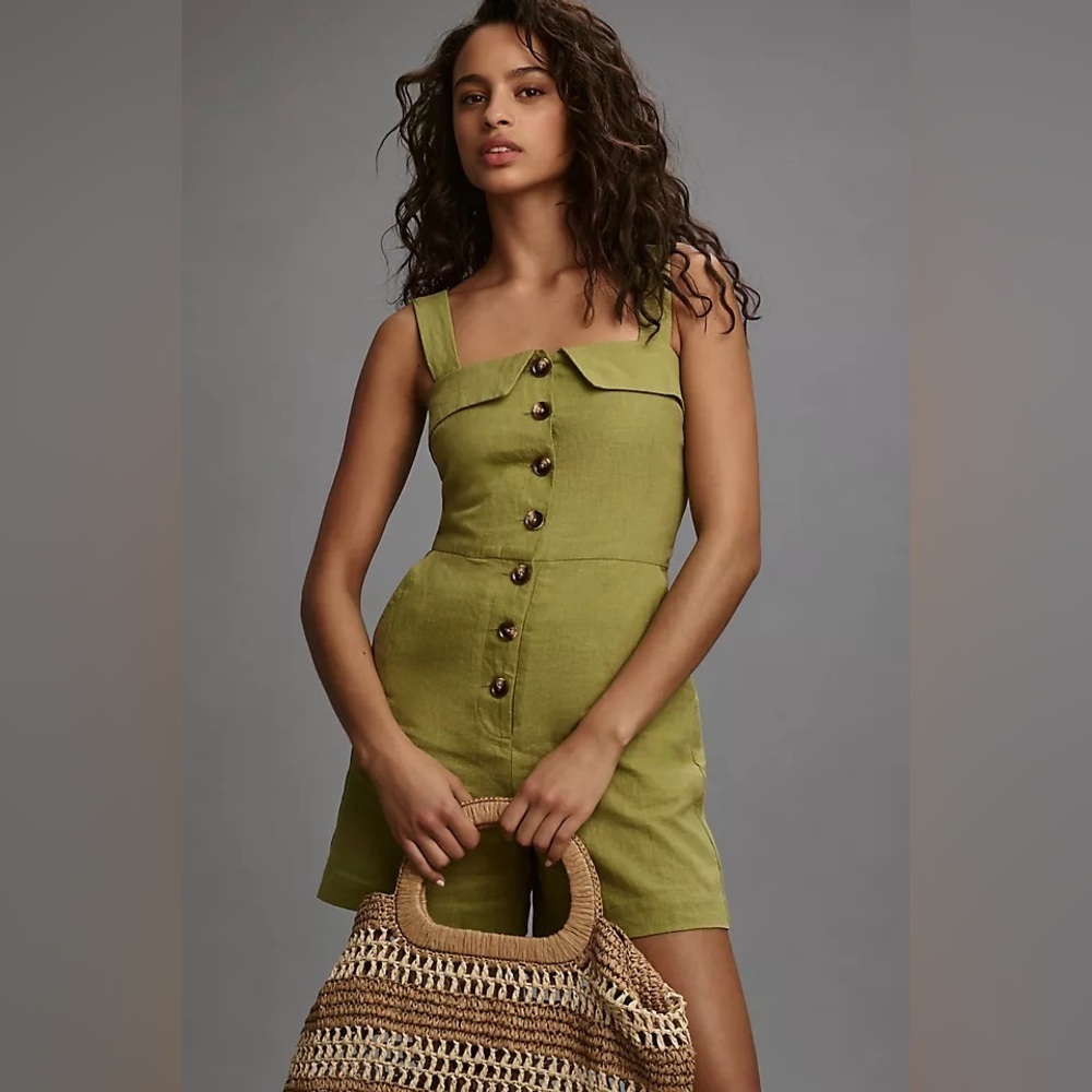 English Factory Laney Green Linen Green Button-Front Romper